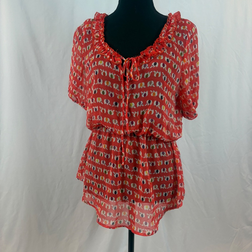 Needle & Thread Red Elephant Print Ruffle Neck Elastic Waist‎ Chiffon Tunic Top